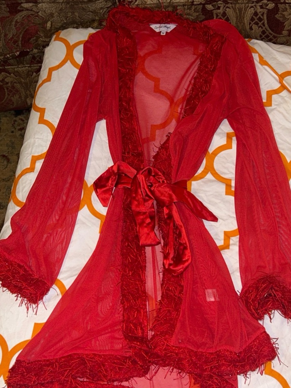 Sheer Red Mesh Lace-Trim Robe with Satin Waist Tie - Women